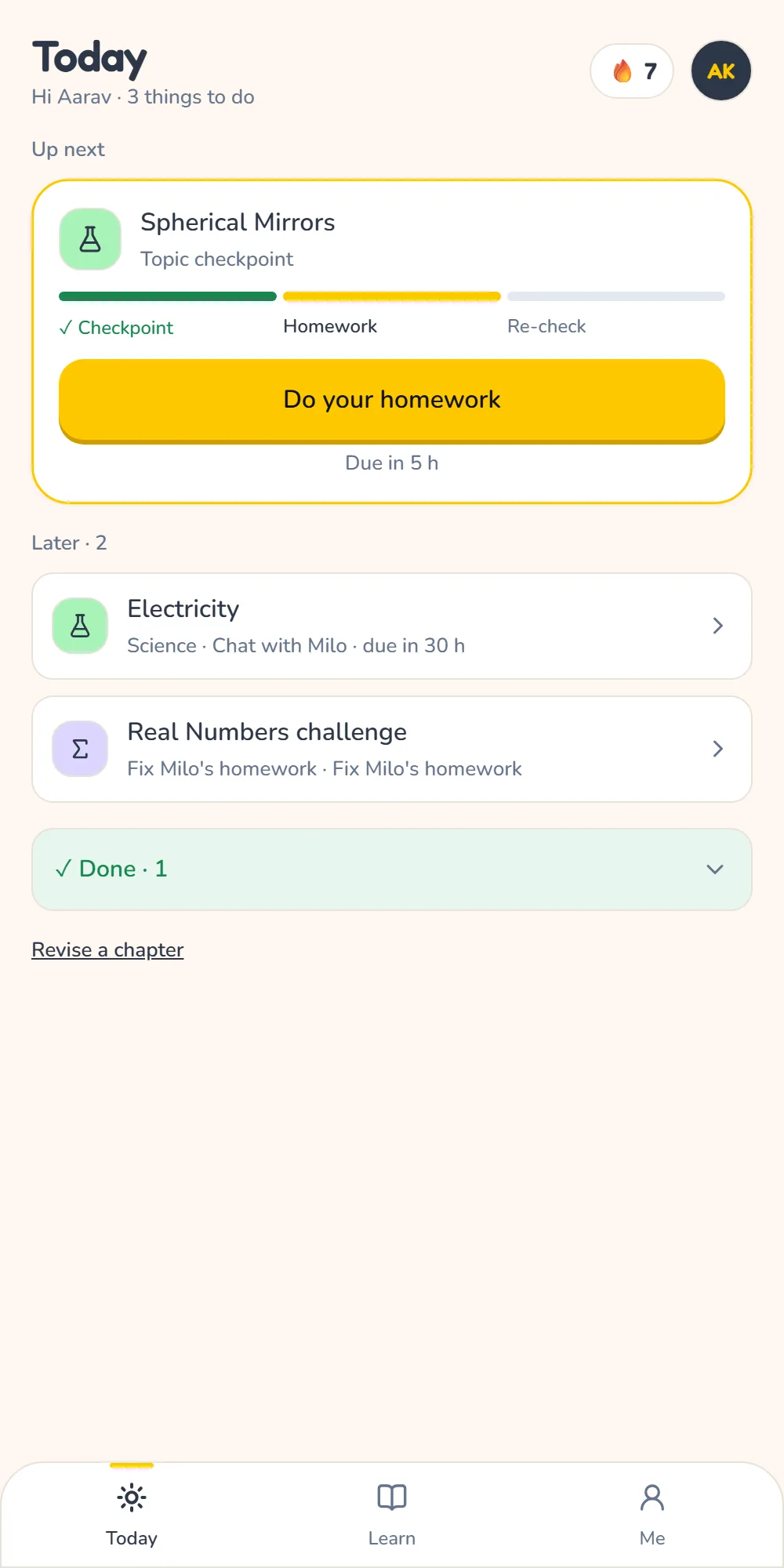 The student Today screen: Spherical Mirrors homework up next, two tasks later, one done